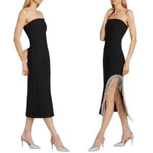Cinq a Sept Strapless Rhinestone Fringed Sammy Midi Dress Black Size 6